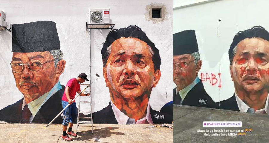 The completed murals of the Agong and Noor Hisham (left) and the murals after they were vandalized. Photos: Muhammad Suhaimi Ali /Facebook and @MrJamesLabu /Twitter