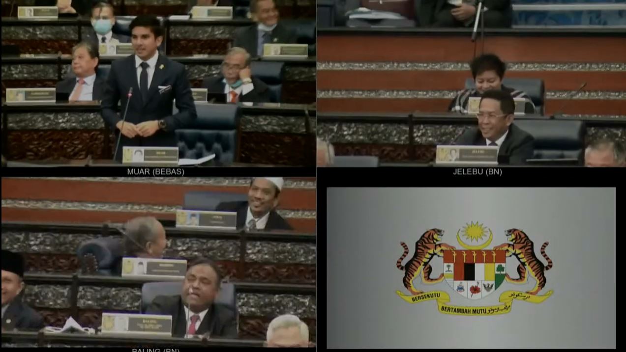 A screengrab of the live parliamentary session featuring Syed Saddiq at top left, Abdul Azeez Abdul Rahim at bottom left, Jalaludin Alias at top right, and the Malaysian coat of arms at bottom right. Photo: Parlimen Malaysia /YouTube
