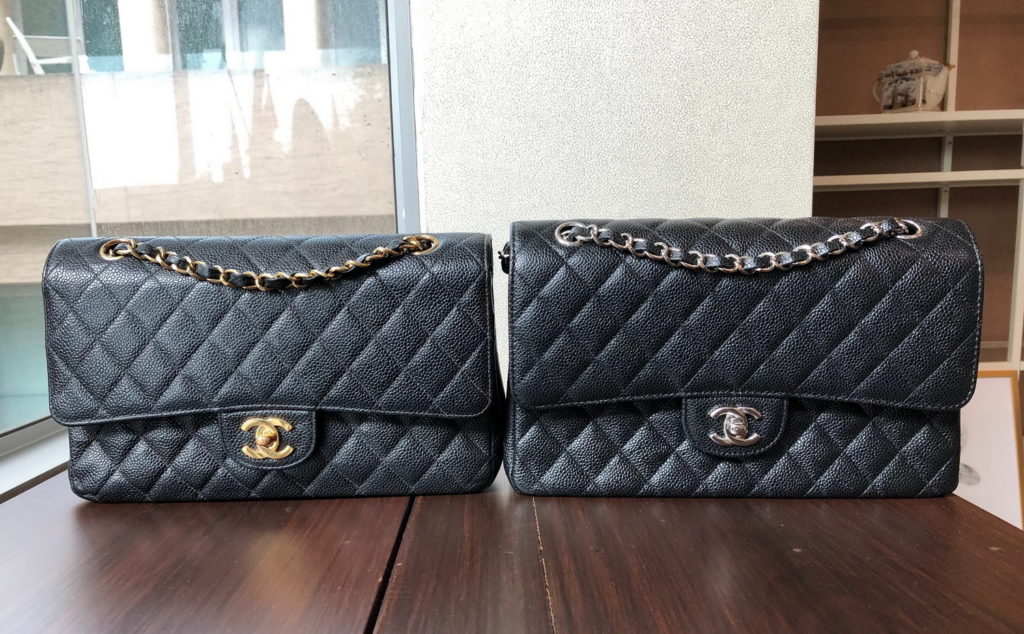 An authentic 10-inch Chanel Classic bag, at left with gold buckle, and a AAA-grade duplicate, at right with silver buckle.