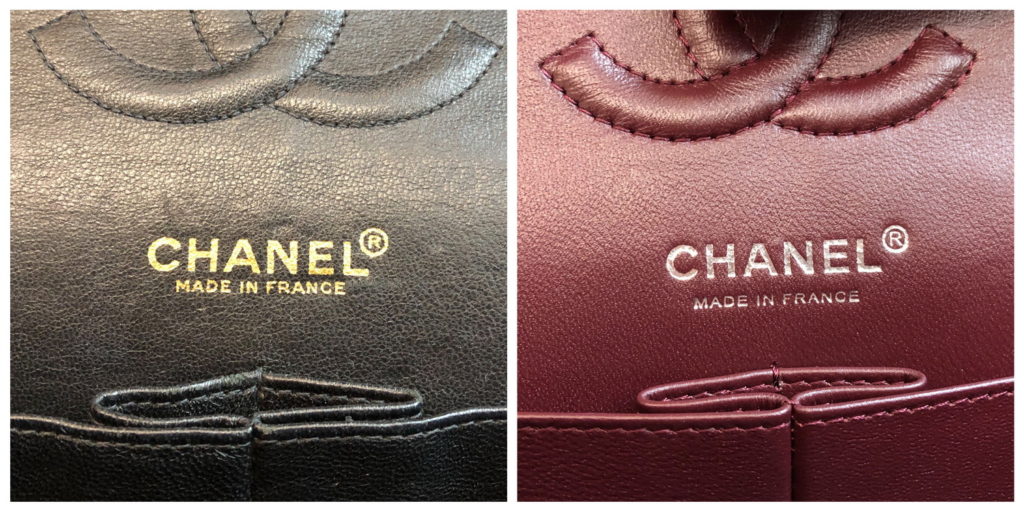 The letter ‘R’ in the circle of a real bag’s stamping, at left, appears bolder in comparison to the ‘R’ of the fake at right. 