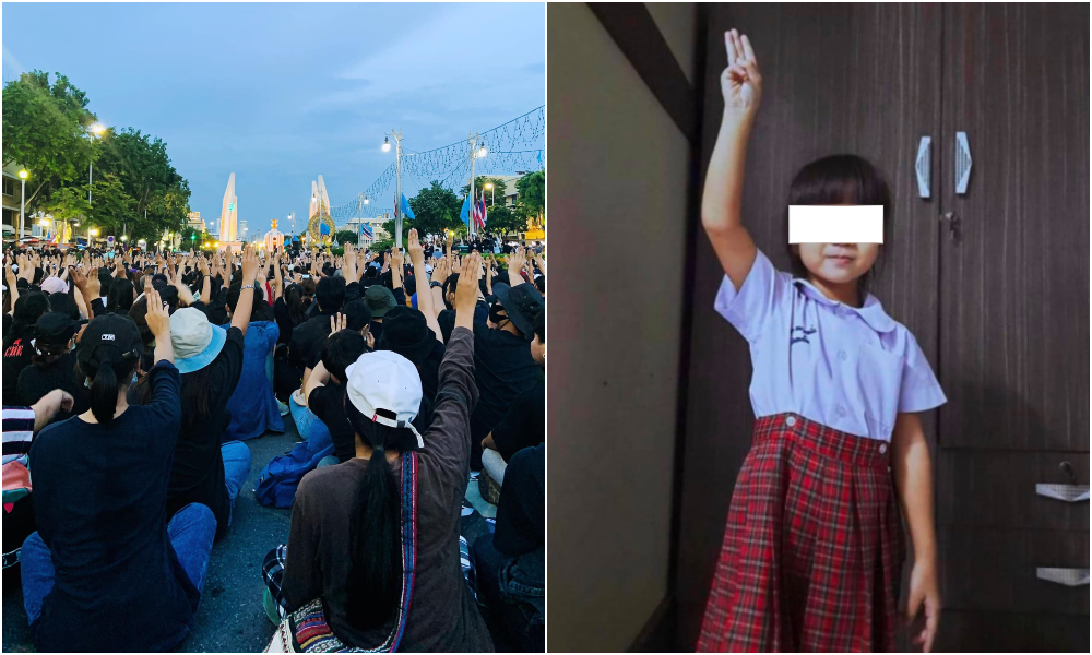 
At left, at least 10,000 people raise three-finger salutes Aug. 16 at the Democracy Monument. At right, an image of kindergarten student Om Yim of Yasothon province in an image that went viral and was blurred by the media. 
