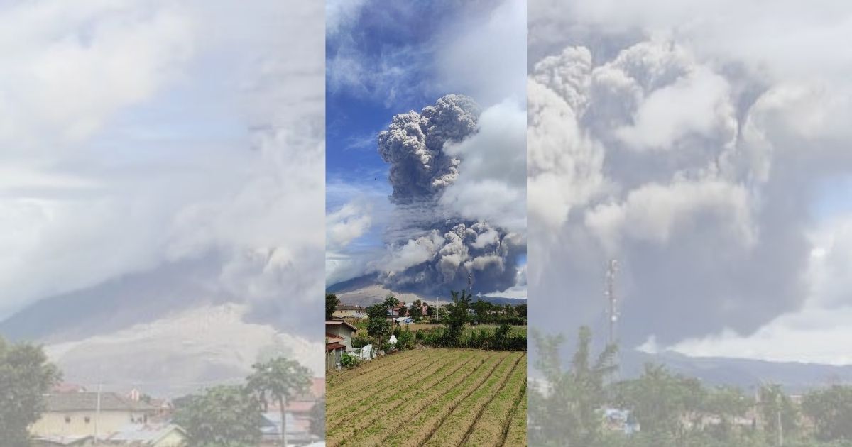 Mount Sinabung in Karo regency, North Sumatra erupted on Monday morning, covering nearby settlements with volcanic ash. The first eruption sent a massive plume of ash as high as 5,000 meters above the volcano’s peak. Photo: Twitter/@volcanohawk & MAGMA Indonesia