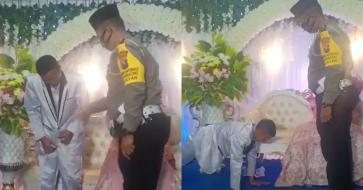 A groom from Randugong village of East Java’s Pasuruan regency was made to do push-ups by a police officer for not wearing a face mask during his wedding on Wednesday night. Screenshot from the video