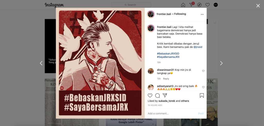 Netizens have started sharing the poster above, along with the hashtags #BebaskanJRXSID (Free Jerinx) and #SayaBersamaJRX (I’m with Jerinx) to show their support for the musician. Screenshot: Instagram