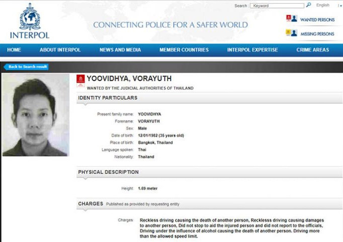 Vorayuth Yoovidhya, aka Boss Red Bull, as he appeared on a 2017 Interpol Red Notice. Image: Interpol.int