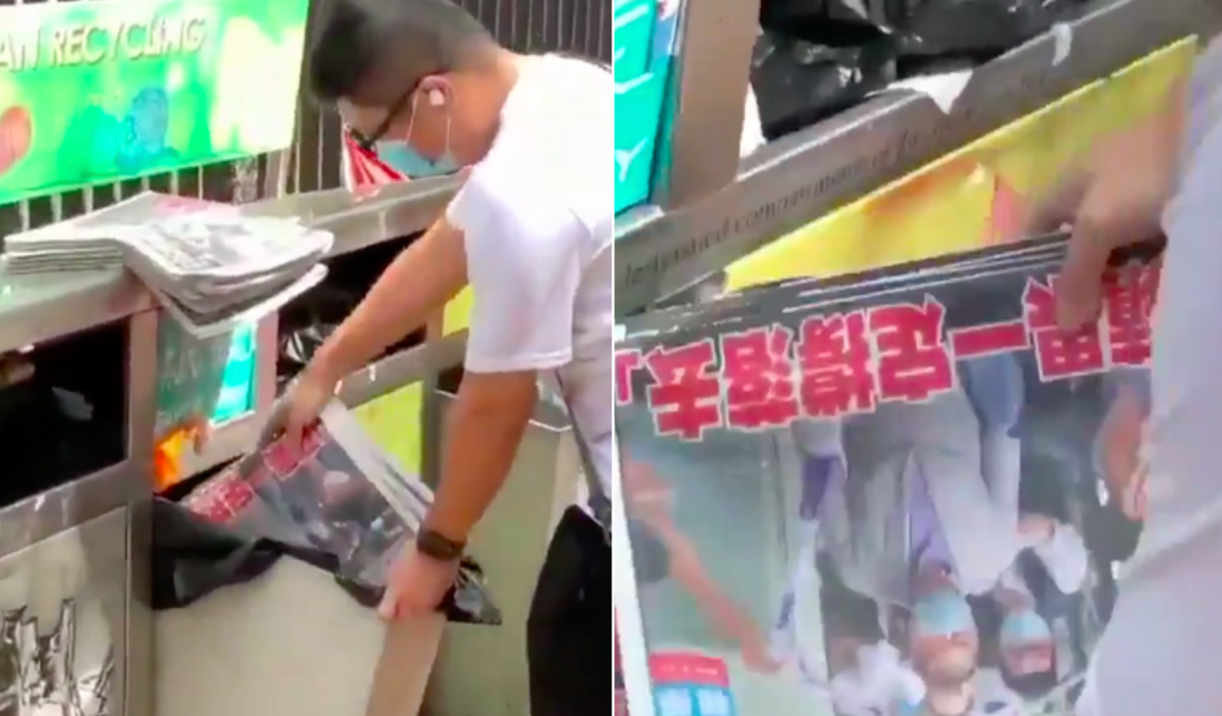 Screenshots from video of man throwing away copies of Apple Daily in Sheung Shui on August 11, 2020.