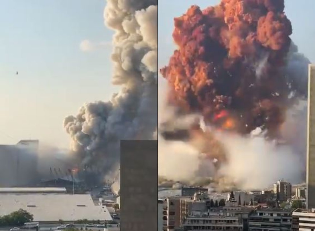 Screenshots of a video showing explosions in Beirut. Photos: Kabir Taneja /Twitter
