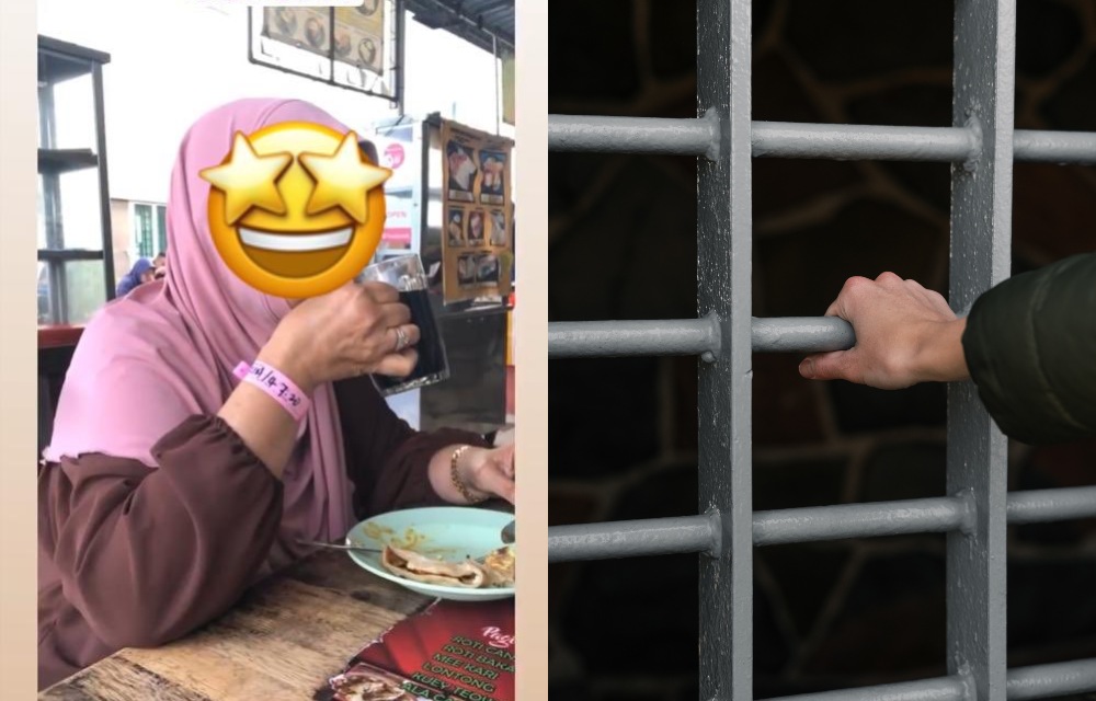 Viral photo of the woman at Hanaz Cafe (left) file photo of jail bars. Photos: Jemilah Mahmood /Twitter and Weston MacKinnon
