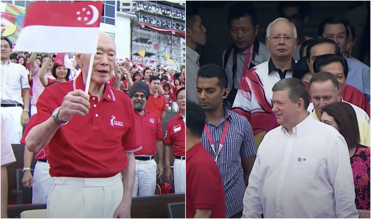 The late Lee Kuan Yew waves a flag, at left, and several former world leaders attend a past National Day Parade, at right. Images: 154thmedia2014, 154thmedia Entertainment/YouTube
