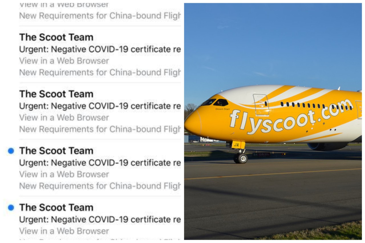 Multiple emails sent to a Scoot customer (left) and a file photo of Scoot’s aircraft. Images: Kingston Chua/Facebook, Andrew W. Sieber / Flickr