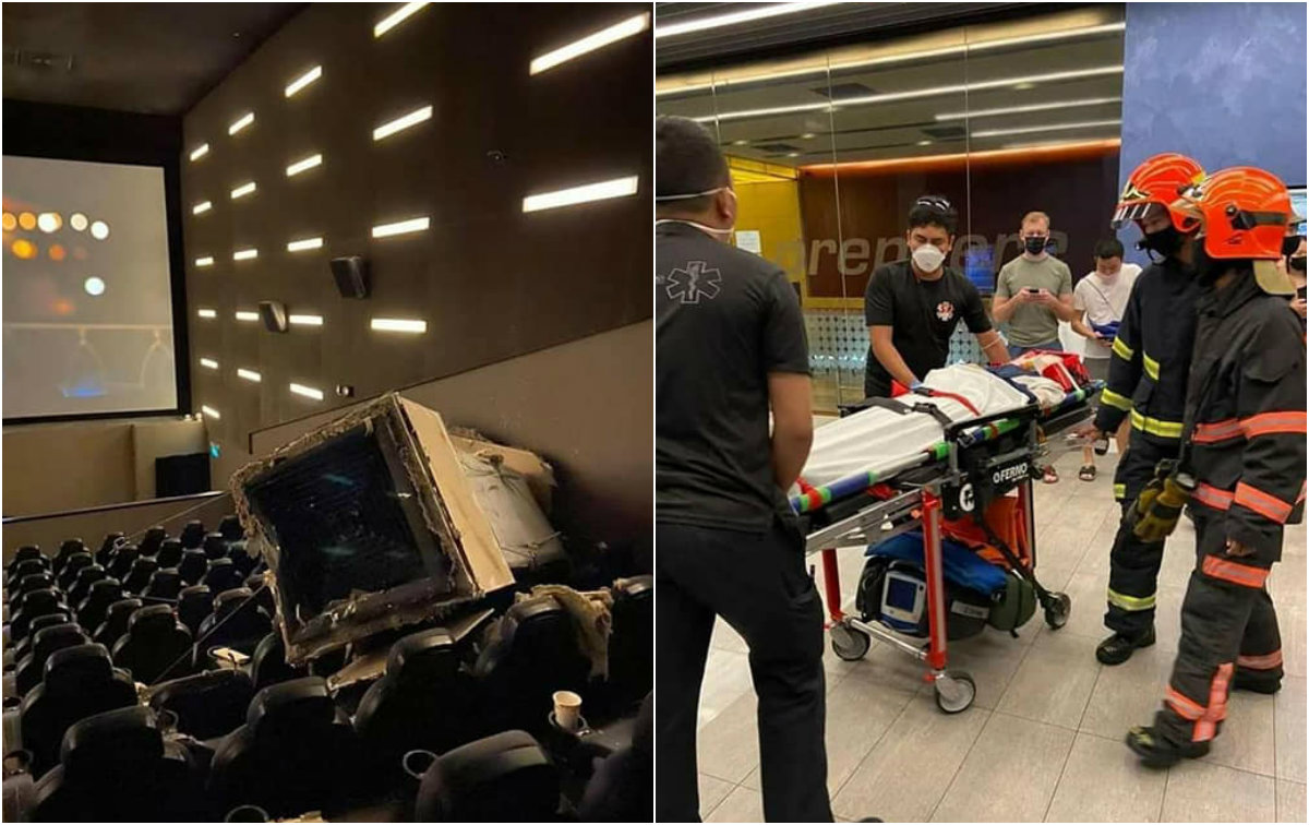 At left, the fallen air ventilation system. SCDF officers wheeling the injured on a gurney, at right. Photos: Raven Qiu/Facebook
