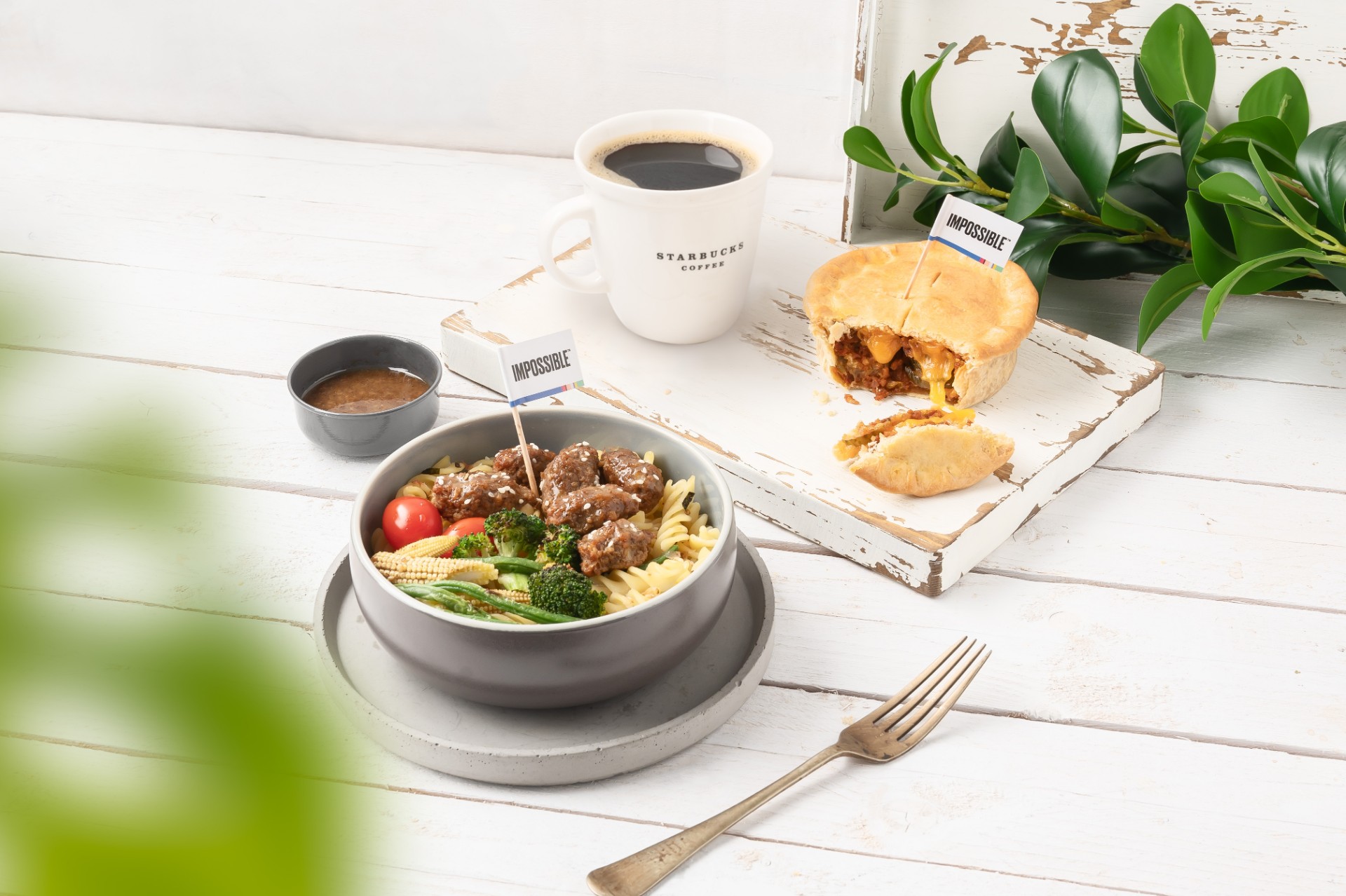 Group shot of the Impossible Pasta Salad Bowl and the Impossible Pie. Image: Starbucks Singapore
