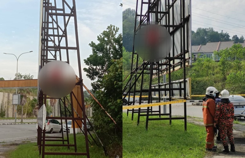 The body, blurred, hanging from the billboard (left) and firemen arriving at the scene (right). Photos: Kumaran Rajamoney /Twitter