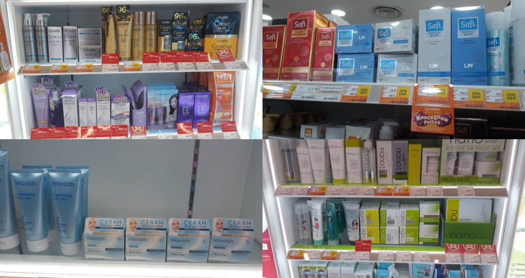 Shelves of skin-whitening products at a local drugstore in Kuala Lumpur. Photos: Coconuts KL