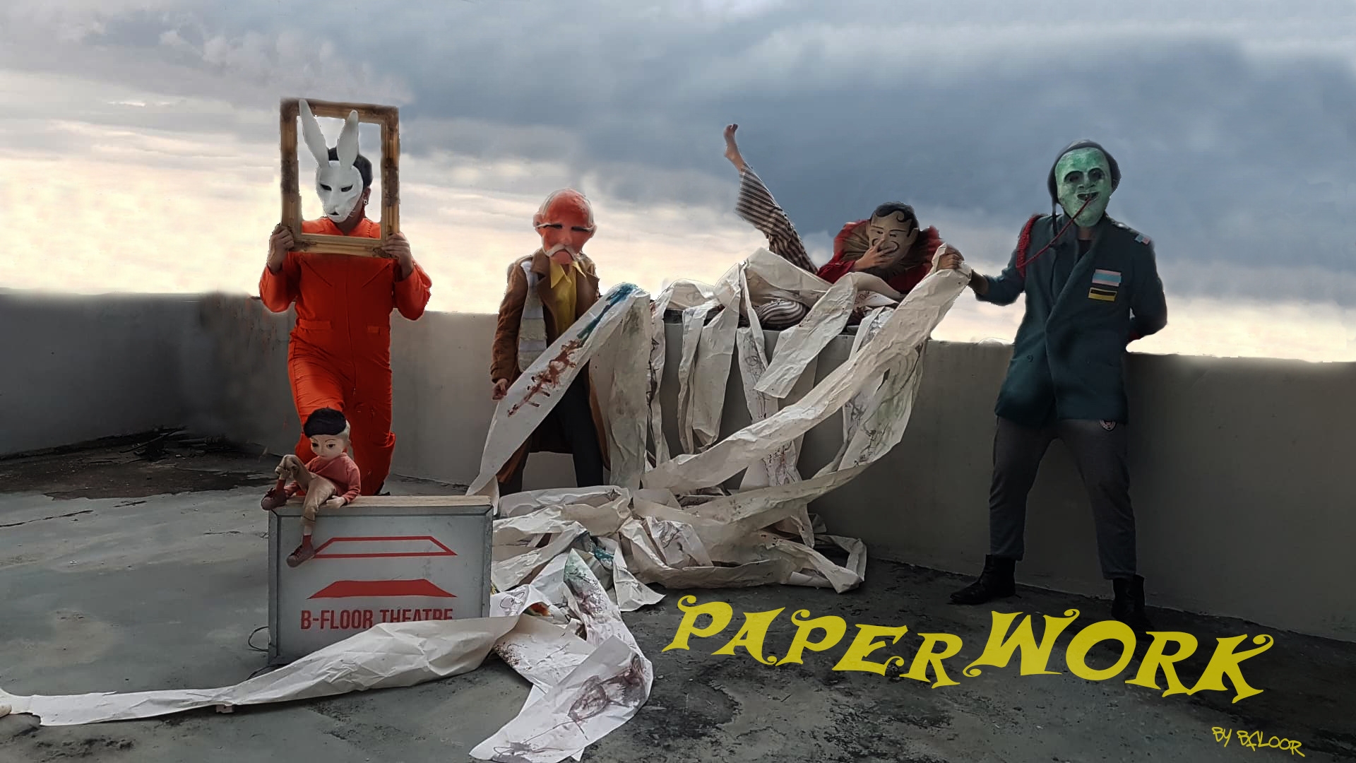A promotional poster for ‘Paper Work’ by experimental theatre troupe B-Floor. 
