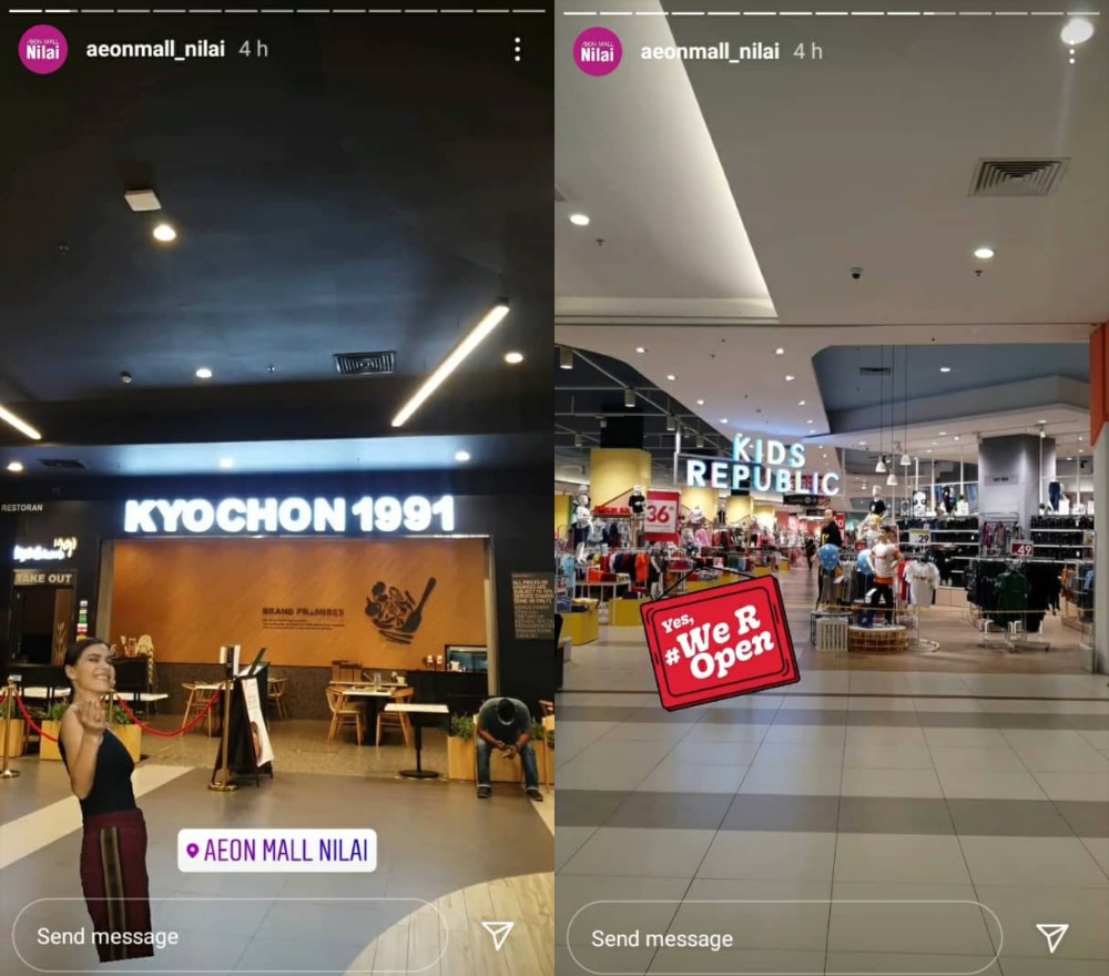 Instagram stories by Aeon Nilai encouraging people to visit. Photos: Aeonmall_Nilai/Instagram