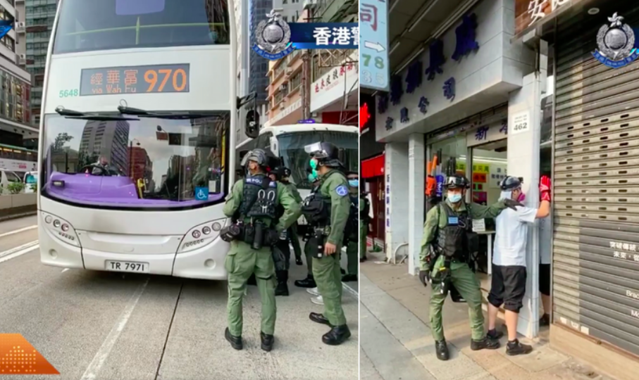 Police arrest a bus driver during a protest in Yau Ma Tei on September 6, 2020. Screenshots from livestream via Facebook/Hong Kong Police