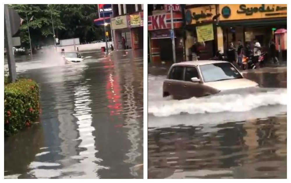Screengrabs of the Kelisa driving through the Kuala Lumpur flood. Photo: PheezOthman /Twitter
