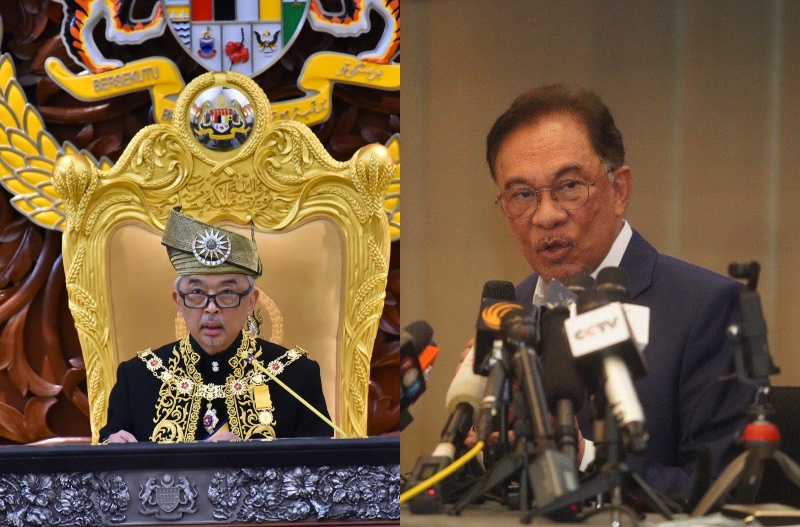 Sultan Abdullah Ri’ayatuddin Al-Mustafa Billah Shah in Parliament, at left, and Anwar Ibrahim speaking to reporters on Wednesday. Photos: Istana Negara Official, Anwar Ibrahim/Facebook.
