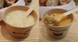 At left, the Clam Chowder (S.50), the Lobster Bisque (S.90) at right. Image: Coconuts Singapore