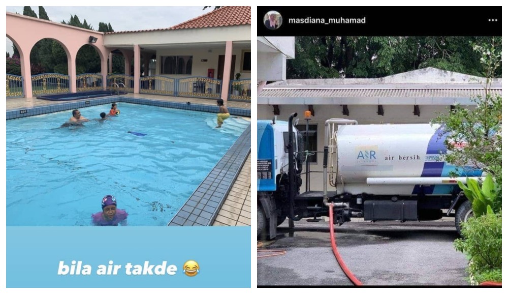 Children playing in the swimming pool (left), and a water tanker parked outside a home (right). Photos: Masdiana Muhamad /Instagram
