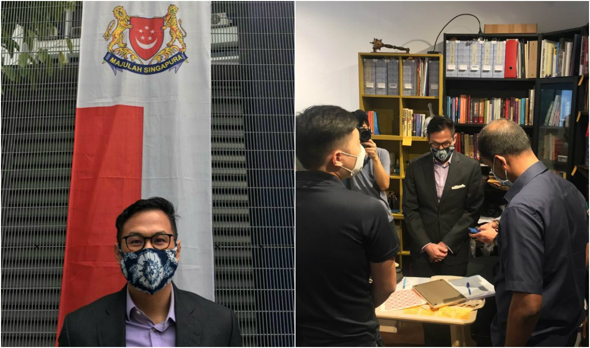At left, New Naratif founder Thum Ping Tjin outside Clementi Police Station today, while the police reportedly confiscate his laptop at his home, at right. Photos: New Naratif/Facebook, Twitter

