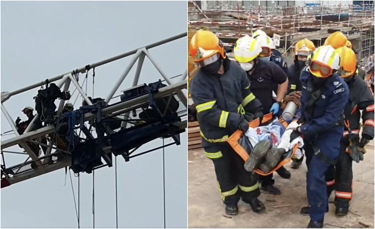 At left, four SCDF officers tend to the man in the air. At right, seven carry him to a waiting vehicle. Photos: SCDF/Facebook
