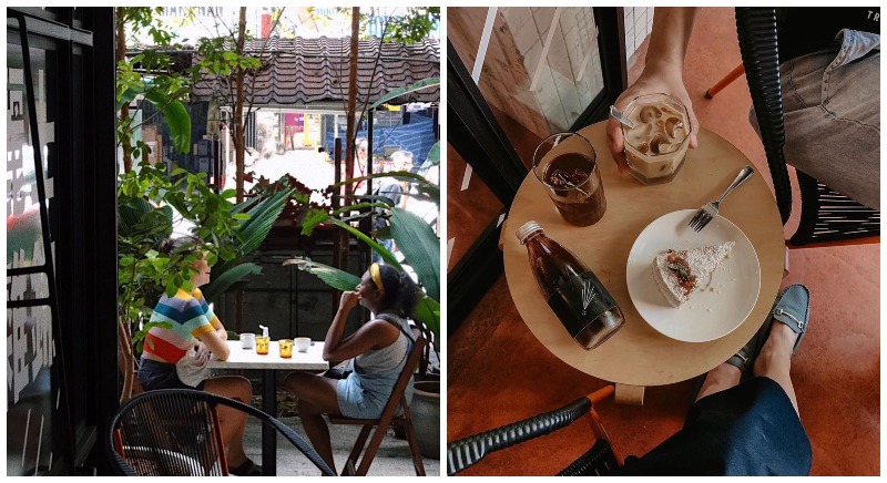 People sitting outside Stellar (left) and coffee, cake served by the cafe (right). Photos: Stellar/Instagram