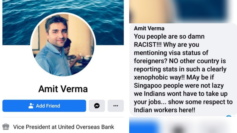 Screengrabs of a Facebook profile and posts used to berate Singaporean workers. Images: Hardwarezone

