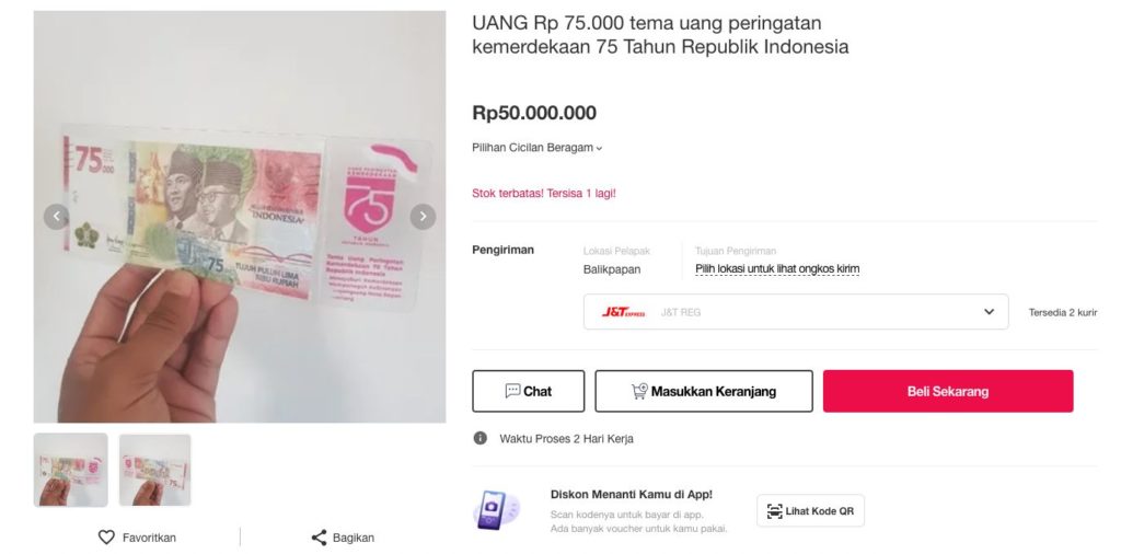 The IDR75K special edition bill being sold for IDR50 million on online marketplace Bukalapak.