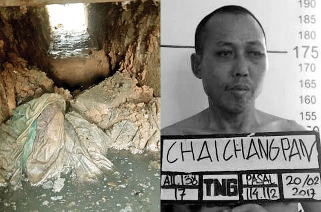 The tunnel (Left) that death row inmate Cai Chang Pan (Right) dug over 8 months for his escape. Photos: Tangerang Penitentiary