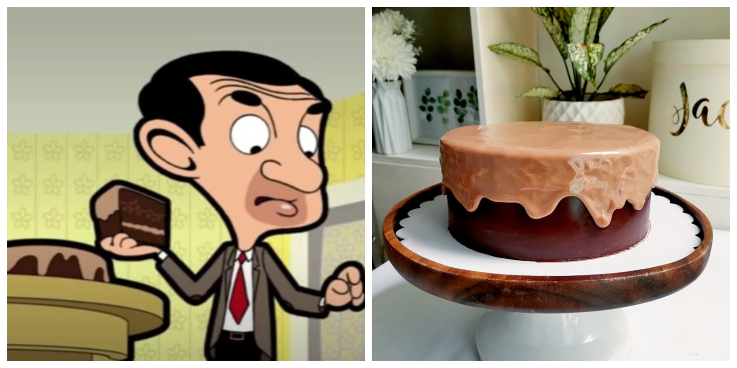 Mr. Bean and Jacee Uy’s version of his chocolate cake. Screenshot from Mr. Bean/Youtube and photo from Uy