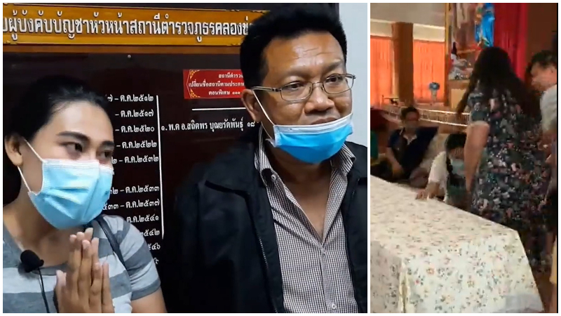 At left, Ornuma Plodprong and attorney Decha Kittiwitthayanun on Sunday at the Chaiyapruek Police Station. At right, parents of one abused child assault her at a Sept. 25 parent meeting at Sarasas Witaed Ratchaphruek School where scenes of abuse were shown. Images: Thai PBS, Nattramonkarn Limatibul / Facebook 