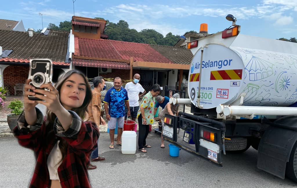 ‘Emily’ from Emily in Paris takes a selfie of herself and Malaysians queuing up for water. Photo: Coconuts
