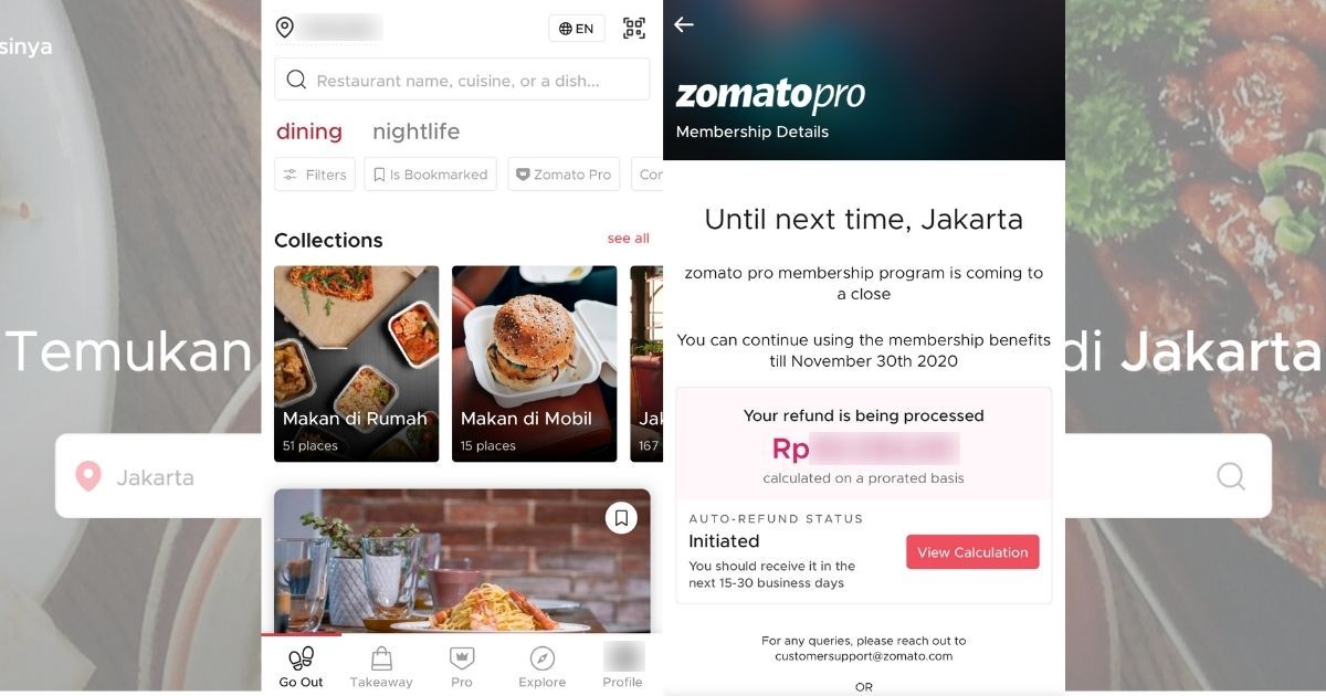 Screenshots of Zomato’s homepage (L) and notice to Zomato Pro members (R).