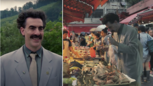 The 'Borat Subsequent Moviefilm' scene was shot at Bowrington Road Market in Wan Chai. Screenshots taken from the film.