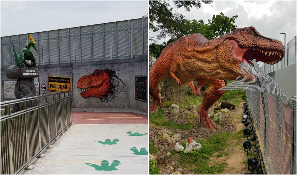 At left, the entrance to the Jurassic path, an angry tyrannosaurus rex tears into a fence, at right. Photos: GoCycling/Facebook

