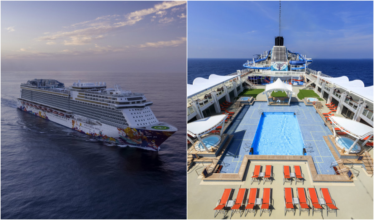 At left, Genting Cruise’s World Dream ship, its pool deck at right. Images: Genting Cruise
