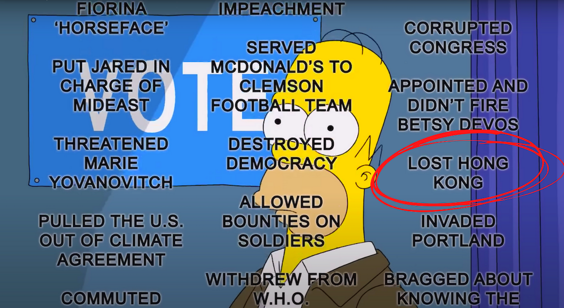 “Lost Hong Kong” is presented in a list of reasons why not to vote for US President Donald Trump in an episode of “The Simpsons.” Photo via Twitter/The Simpsons