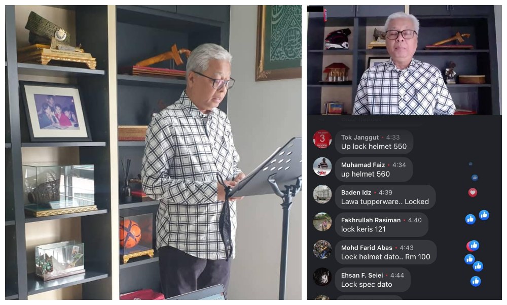 Defence Minister Ismail Sabri Yaakob speaking during his live broadcast on Tuesday, at left, and a screenshot of viewers ‘bidding.’ Photos: Ismail Sabri Yaakob, Saiful Rodzali/ Facebook
