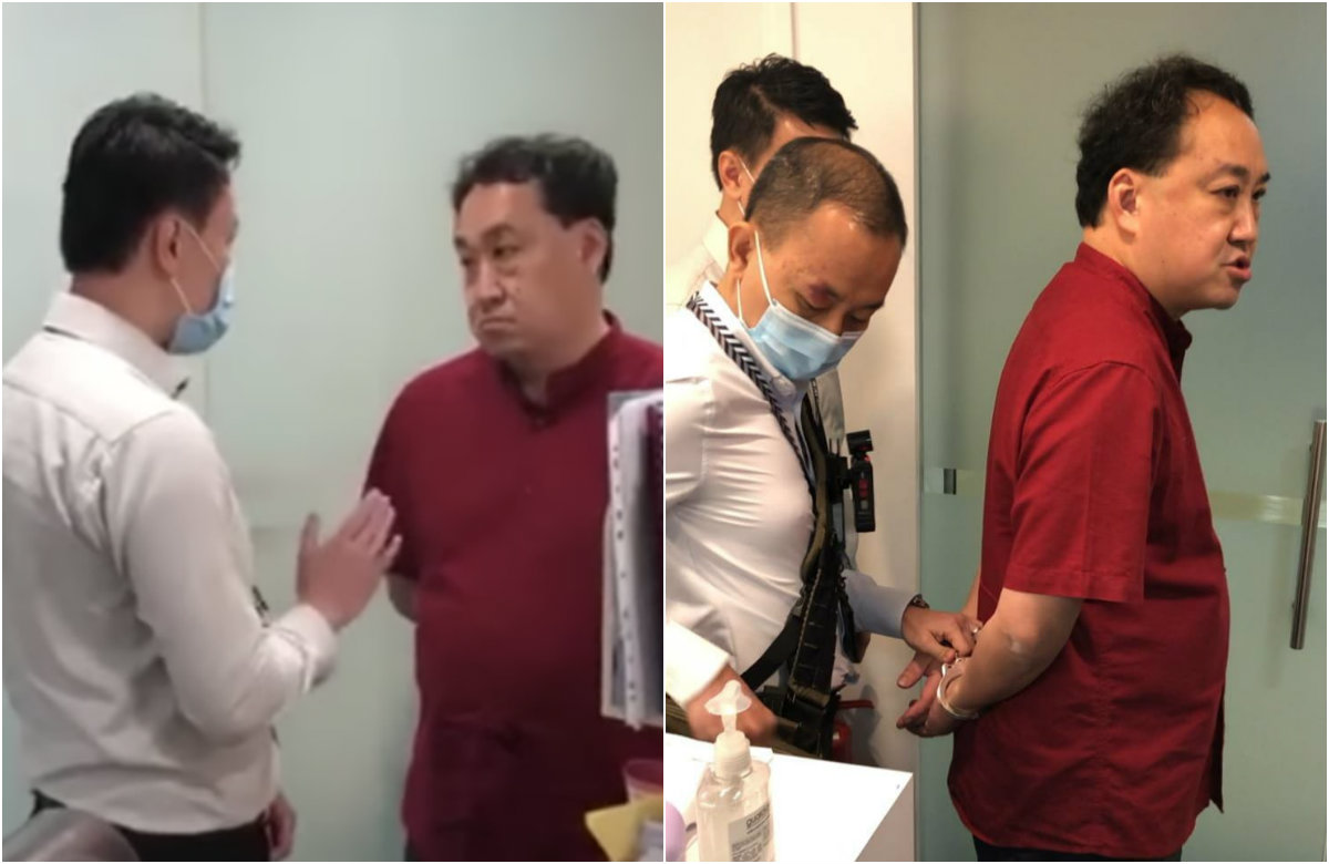 At left, an officer confronts Lim Tean in a video clip of his arrest Friday morning; Lim led away in cuffs, at right. Images: All Singapore Stuff/Facebook, M Ravi/Facebook
