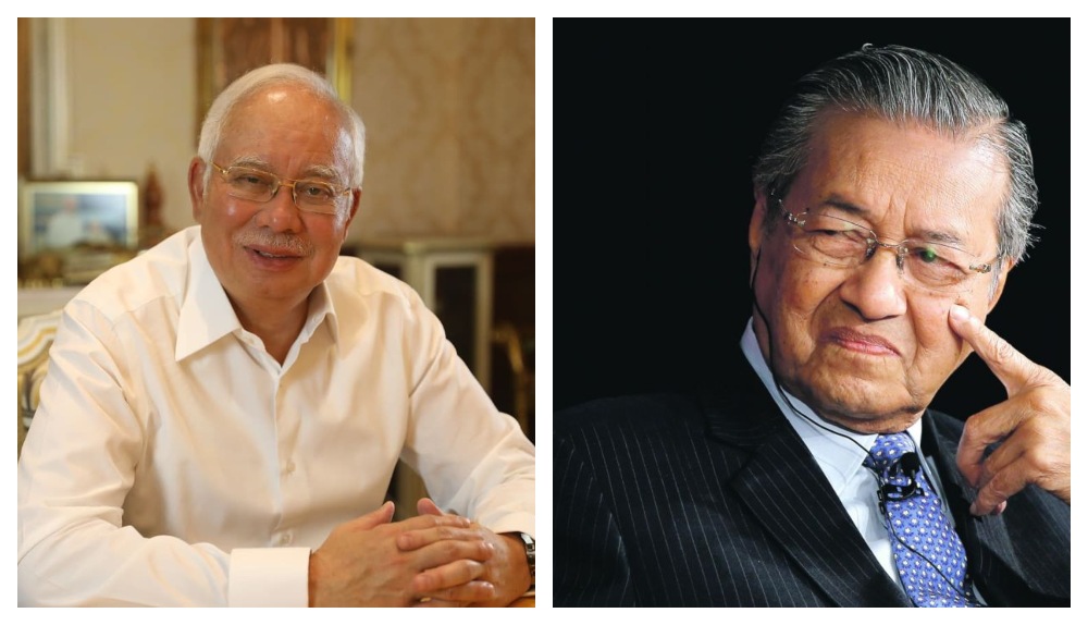 Najib Razak at his home in January, at right, and file photo of Mahathir, at left. Photos: Najib Razak/Facebook, Coconuts archives
