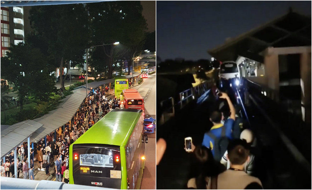 At left, a crowd swarming to board the bus, a line of commuters walking on the train tracks to the nearest station, at right. Images: @Meteorjeon/Twitter, @Reeeyou/Twitter
