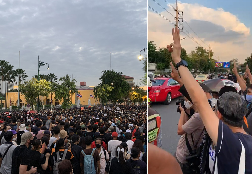 Protesters early Wednesday evening push on in sight of their prize: Thailand’s Government House. At right, they greet the passing royal motorcade.
