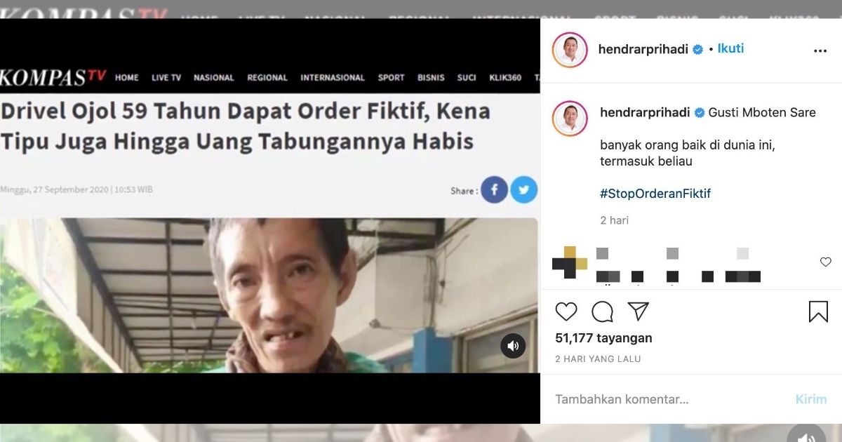 Screenshot of an Instagram post by Semarang Mayor Hendrar Prihadi that documented his meeting with 59-year-old ojol driver Audy Hamdani, who received a fake food delivery order. Instagram/@hendrarprihadi