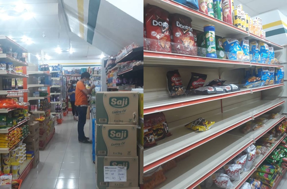 A supermarket employee at work (left) and some empty shelves at the snacks aisle at 99 Speedmart. Photos: Coconuts 