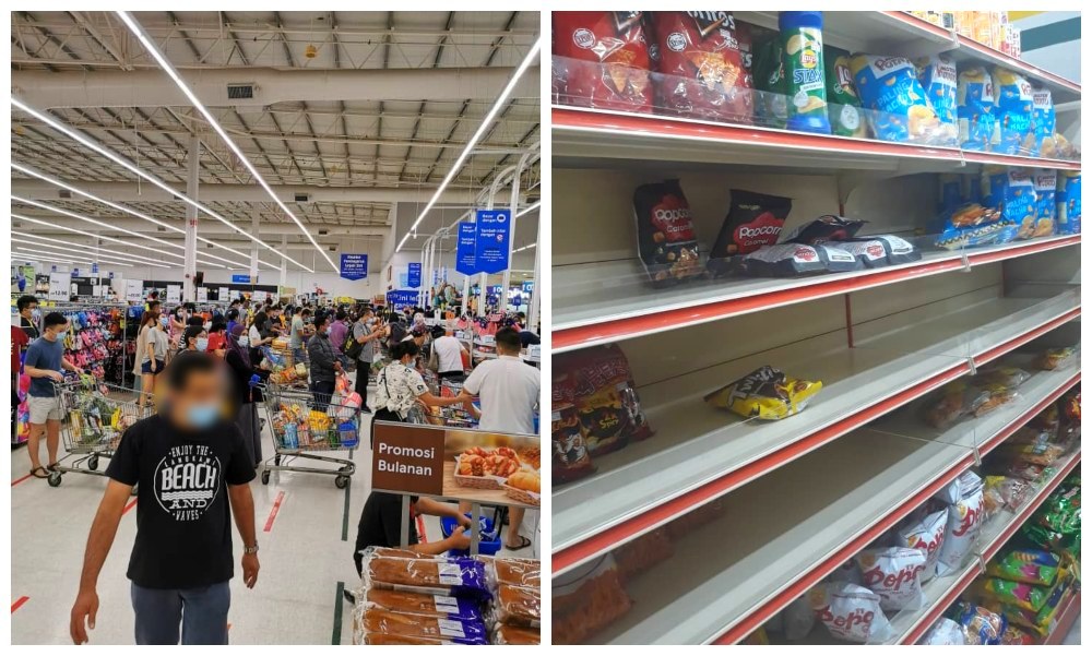 Grocery shoppers at a supermarket in Puchong (left); some empty shelves at a supermarket in Ampang. Photos: Steventsh/Twitter, Coconuts
