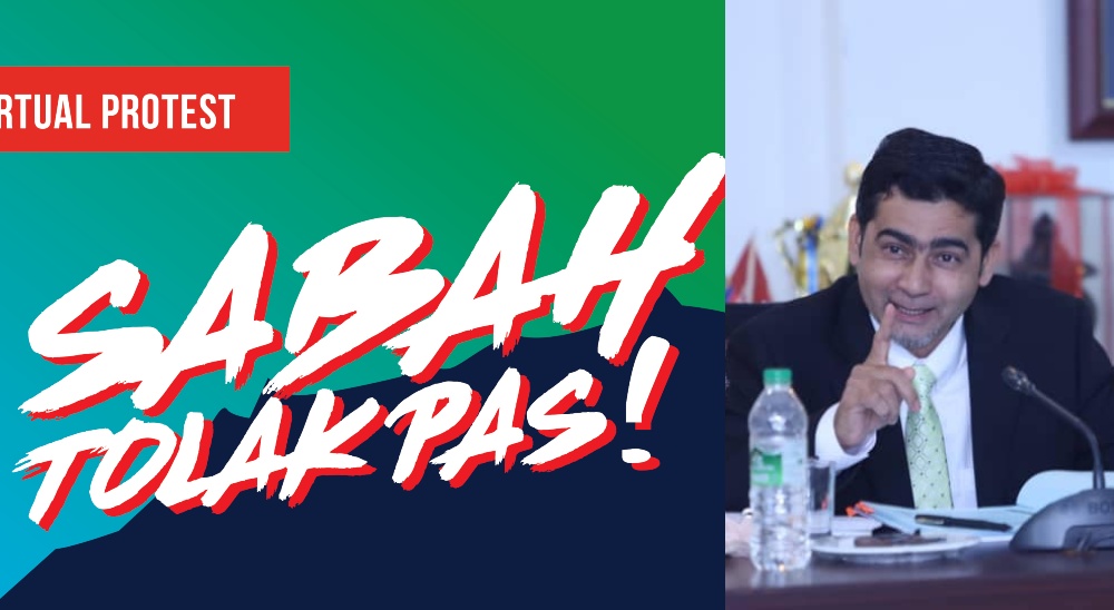 Part of the #SabahTolakPas poster, at left, and Aliakbar Gulasan speaking at a meeting in September, at right. Photos: North Borneo/Google and Aliakbar Gulasan/Facebook
