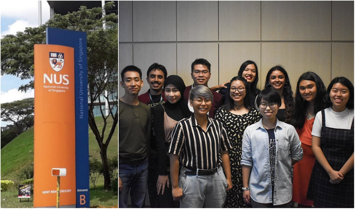 At left, a National University of Singapore sign at Kent Ridge Crescent; the SafeNUS team at right. Photos: Ivan Varghese/Google Maps, safeNUS
