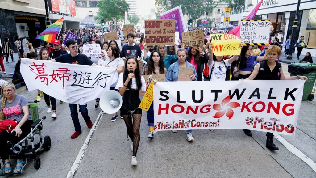 Founder of SlutWalk Hong Kong, Angie Ng, leads demonstrators during a march in 2018. Photo via League of Social Democrats